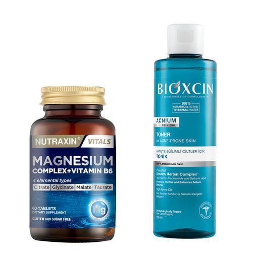 Resim Nutraxin Magnesium Complex Vitamin B6 60 Tablet - 	Bioxcin Acnium 200 ml Akneye Eğilimli Ciltler için Tonik