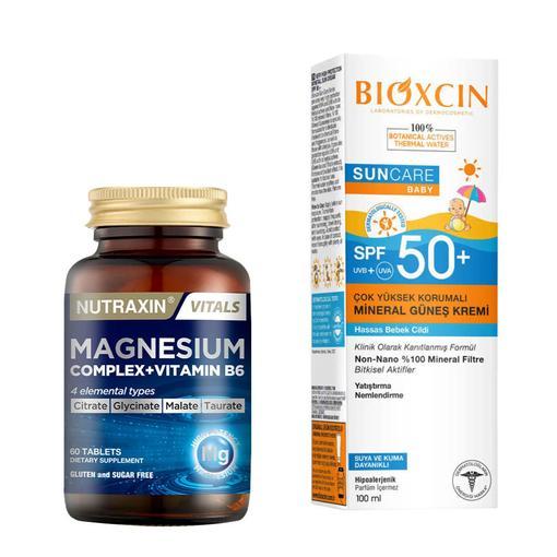 Resim Nutraxin Magnesium Complex Vitamin B6 60 Tablet - Bioxcin Sun Care Hassas Ciltler Için Çok Yüksek Korumalı Mineral Güneş Kremi Bebek SPF50 100 ml