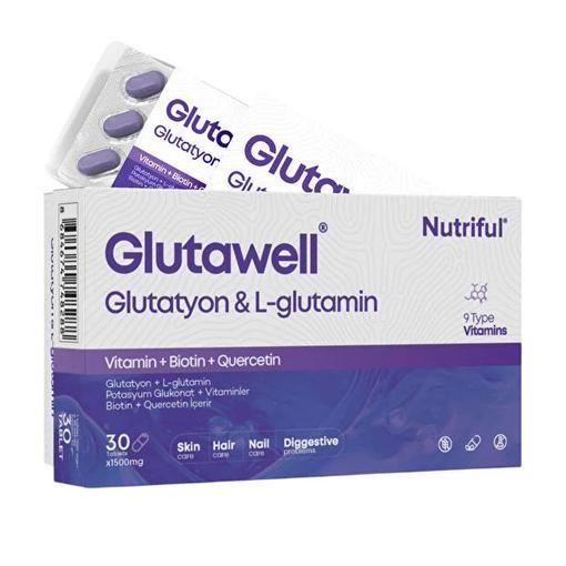 Resim Nutriful Glutawell Glutatyon L-Glutamin Biotin Quarcetin İçeren 30 Tablet Takviye Edici Gıda